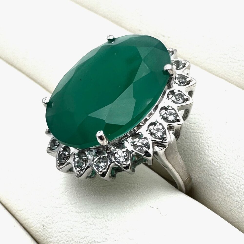 Oval Green Jade White Spinel Gemstone Statement Ring Sterling Silver Size 6